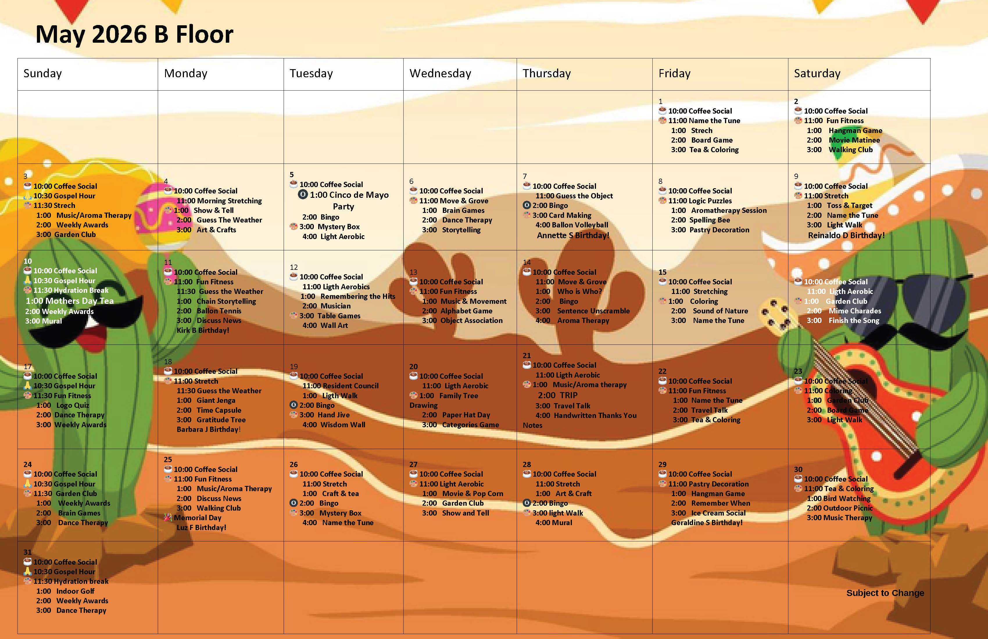 2026 Activity Calendar b floor